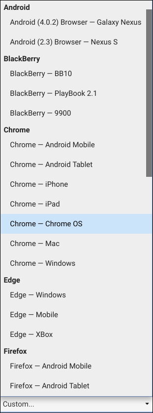 The selection list of all the preconfigured user agents in Chrome.