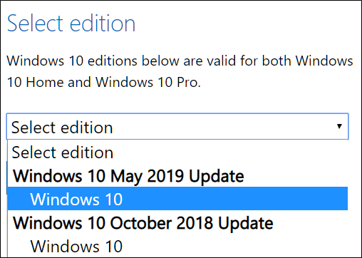 Select an edition of Windows 10 to download.
